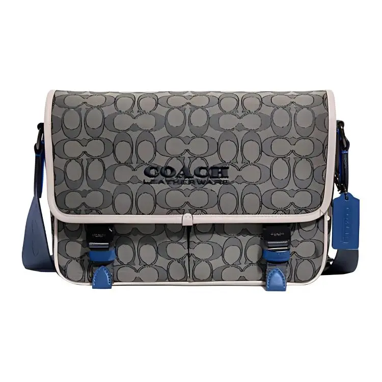 COACH League Jacquard Fabric With Calfskin Messenger Bag, Crossbody Bag, Shoulder Bag Large Men's Gray