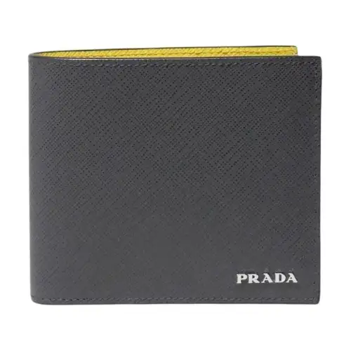 PRADA Cow Leather Wallet Men's Gray & Yellow