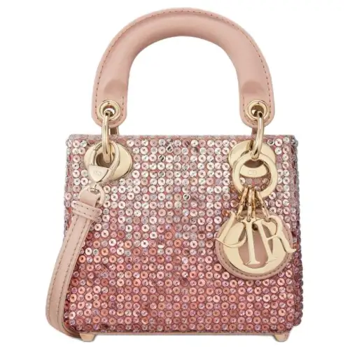 DIOR Satin Embroidery Sequins Tote Bag, Shopping Bag, Handbag Extra Mini Women's Pink