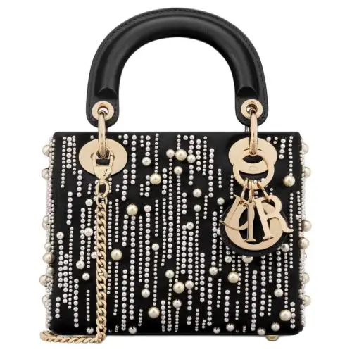 DIOR Lady Dior Resin Bead Ornament Embroidery Satin Tote Bag, Shopping Bag, Handbag Mini Women's Black