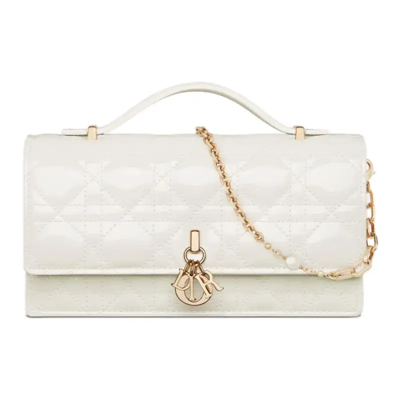 DIOR Wicker Pattern Patent Leather, Cow Leather Shoulder Bag, Crossbody Bag, Handbag Mini Women's Milk White