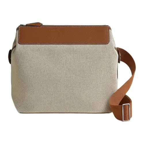 HERMES R.M.S H Canvas With Regate Bullock Leather Crossbody Bag, Shoulder Bag Men's Beige & Light Tawny