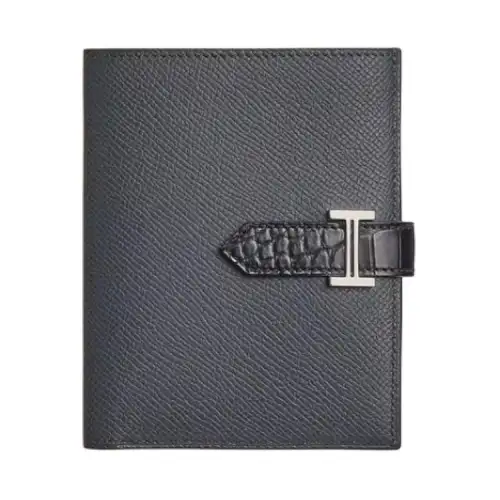 HERMES Bearn Silver Tone Buckle Epsom Leather With Crocodile Leather Card Holder Men's Gray & Black