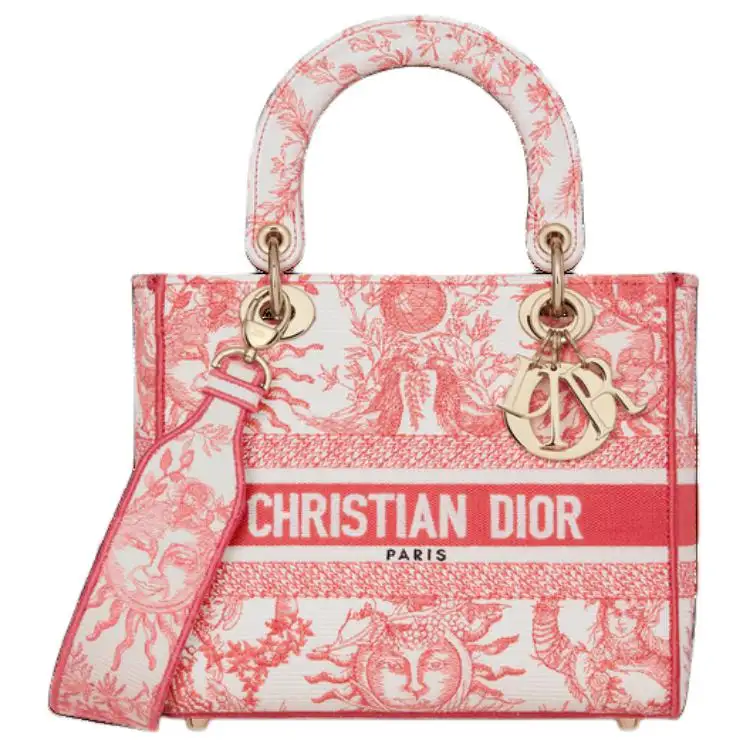 DIOR Lady D Lite Soleil Jouy Print Embroidery Handbag, Shoulder Bag, Crossbody Bag, Handbag Medium Women's Coral