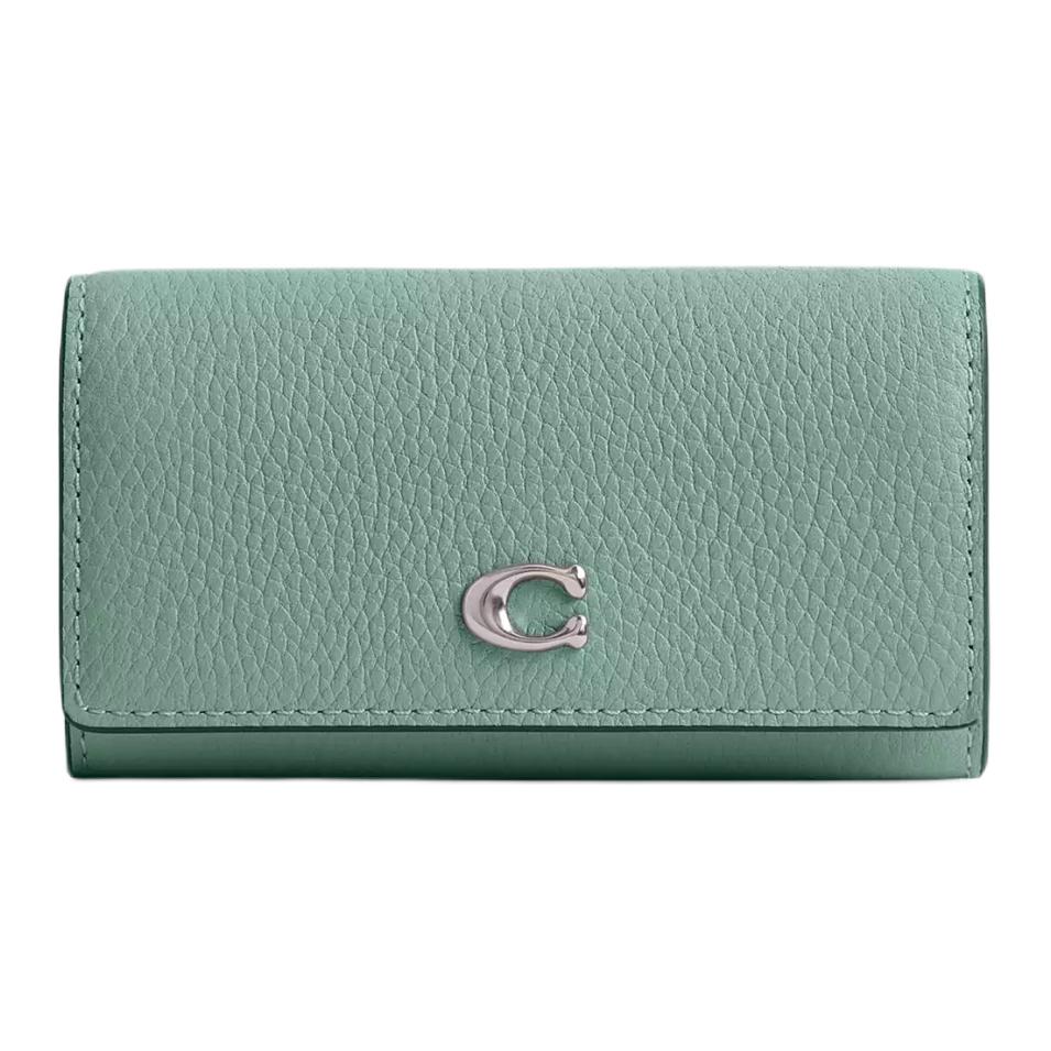 COACH Coach key case 11 metal logo snap closure polished pebbled leather key case regular women's green
