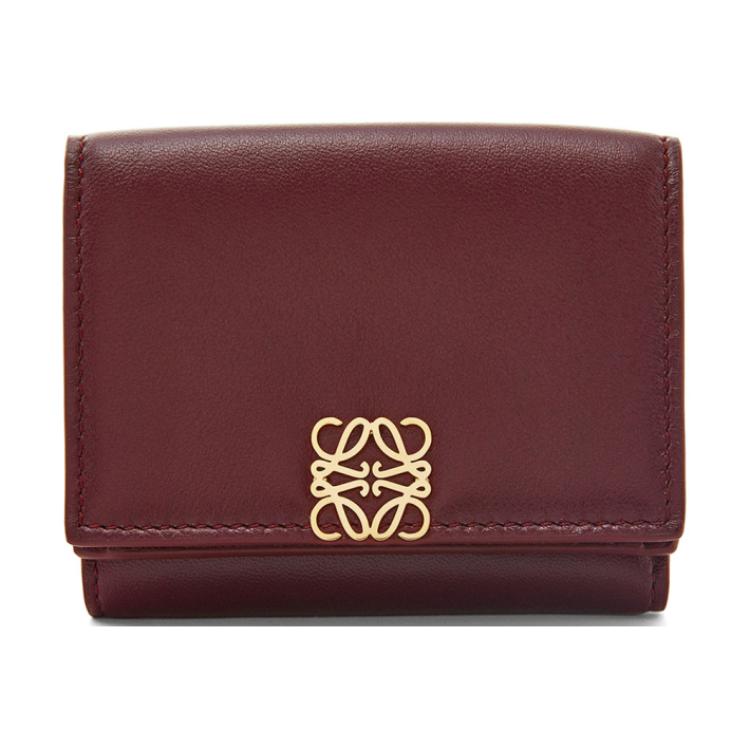 LOEWE Loewe Puffer Anagram Short Tri-Fold Soft Padded Look Shiny Nappa Calfskin Wallet Women's Dark Burgundy