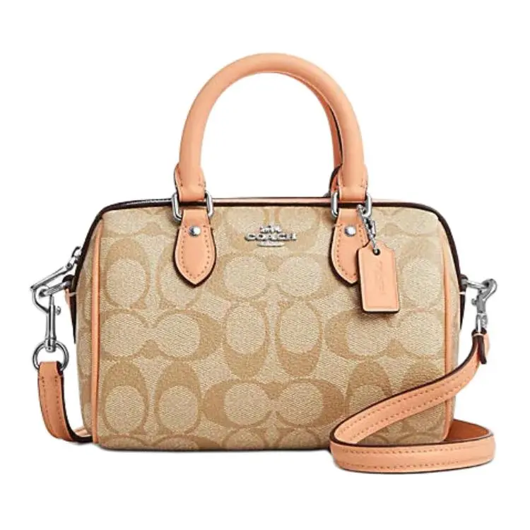 COACH Rowan Artificial Leather Boston Bag, Crossbody Handbag Small Women's Khaki & Light Orange