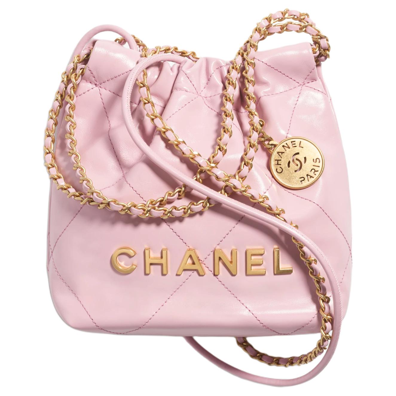 CHANEL 22Bag Shiny Calfskin Bucket Bag, Shoulder Bag, Crossbody Bag Mini Women's Light Pink Red