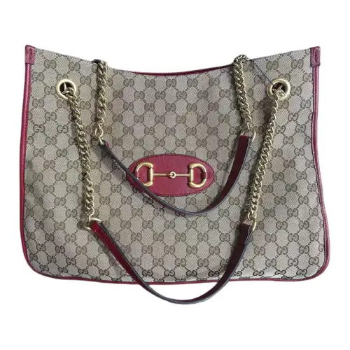 GUCCI Monogram Calfskin Tote Bag, Shopping Bag, Handbag Large Women's Ebony & Red