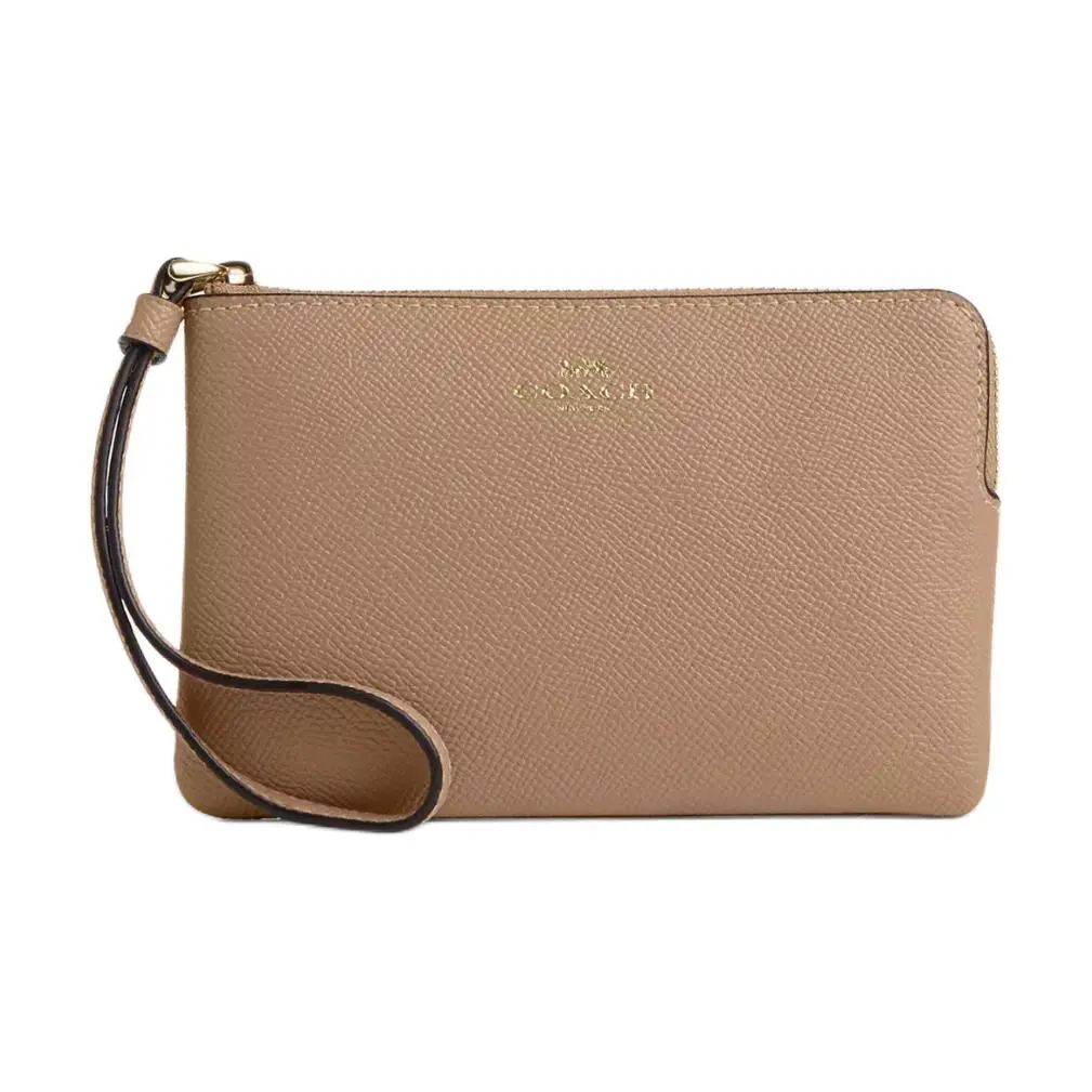 COACH Corner Zip Recycled Leather Wrist Clutch Small Women's Umber
