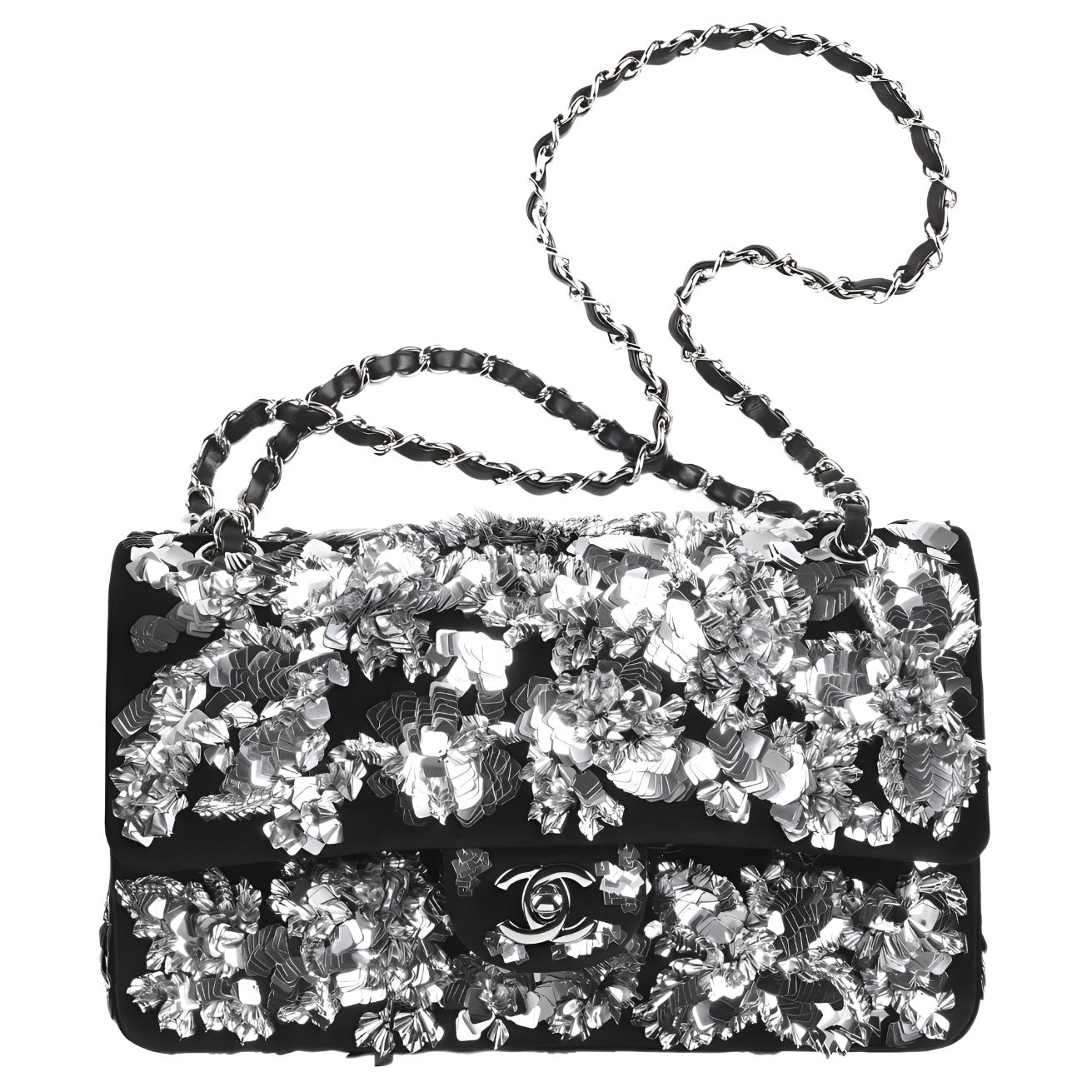 CHANEL Classic Flap CF Embroidery Velvet Sequins With Metal Handbag, Shoulder Bag, Crossbody Bag Women's Black/Silver
