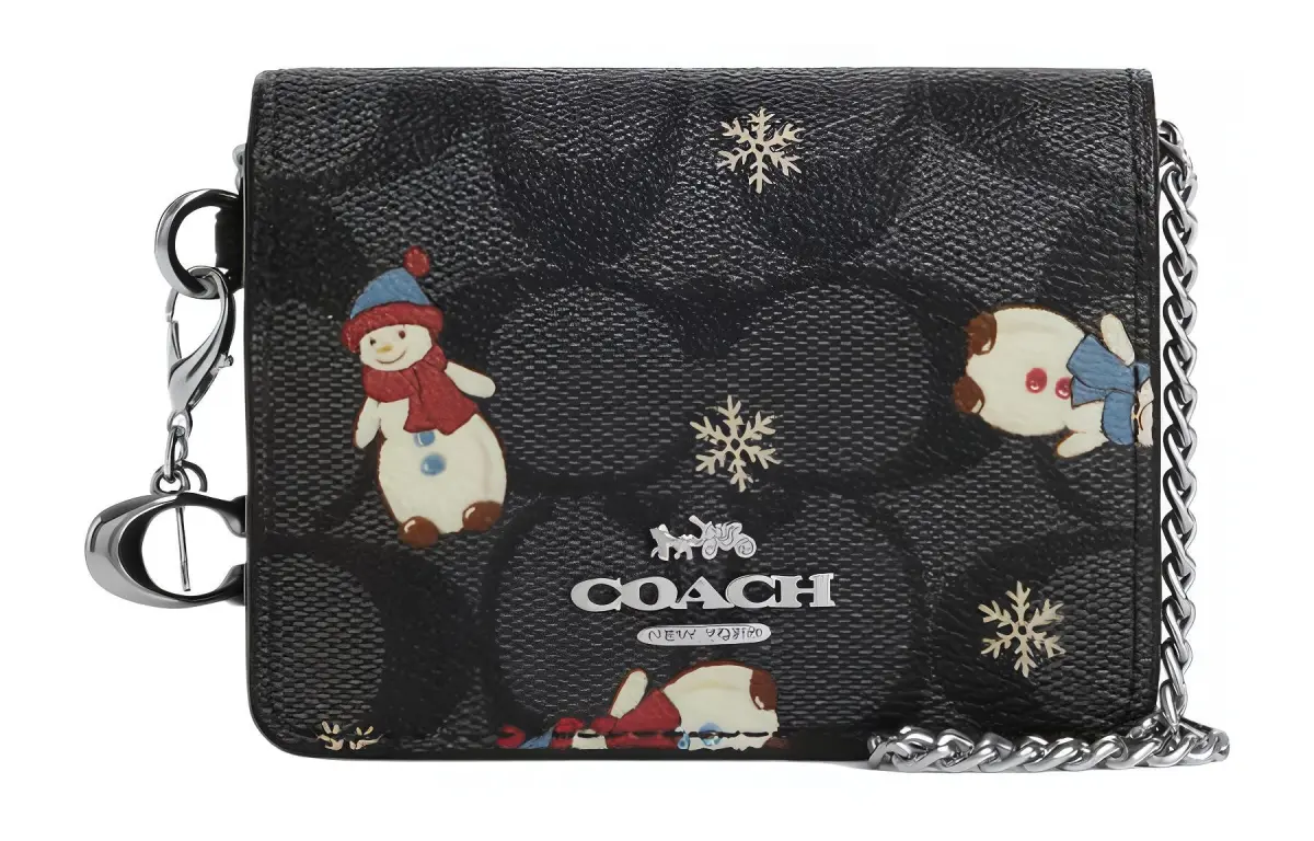 COACH Collaboration Boxed Cow Leather Shoulder Bag, Crossbody Bag Mini Women's Black Snowman