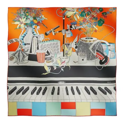HERMES Carre Silk Scarves Women's Orange/Black/Multicolor