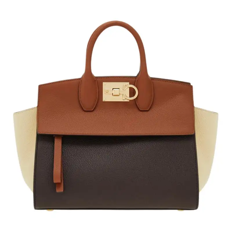 FERRAGAMO Ferragamo Studio Gold Gancio sliding buckle Hammered calfskin Shoulder crossbody handbag Small size Women's Cognac and Morotesta and Mascarpone