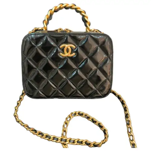 CHANEL Patent Leather Calfskin One Shoulder Crossbody Handheld Makeup Bag Small Women's Black