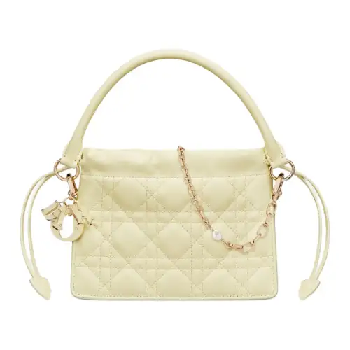 DIOR Lady Dior Wicker Pattern Sheepskin Portable Crossbody Bag, Shoulder Bag Mini Women's Light Yellow
