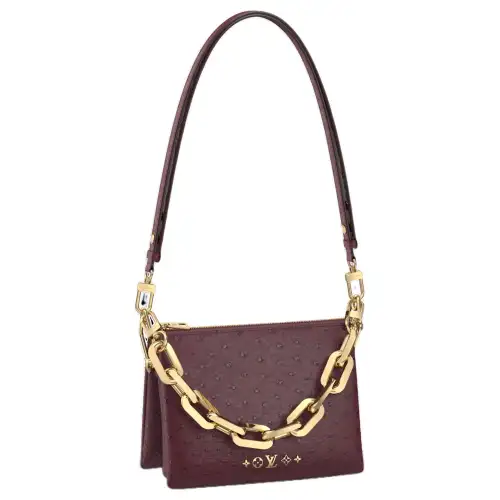 LOUIS VUITTON Coussin Ostrich Leather Handbag, Shoulder Bag Women's Burgundy