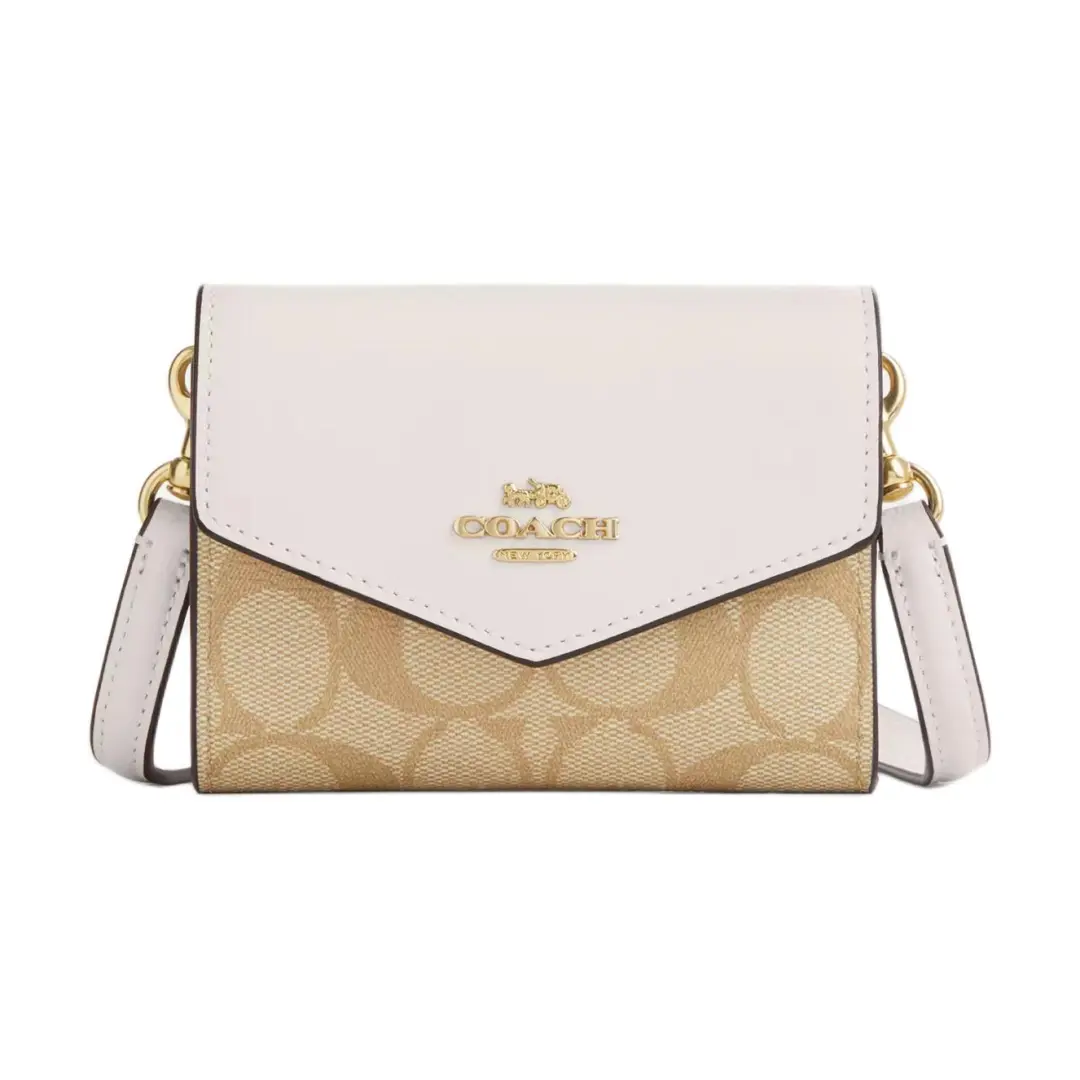 COACH Envelope Canvas With Leather Envelope Wallet Mini Women's Gold & Light Khaki Chalk