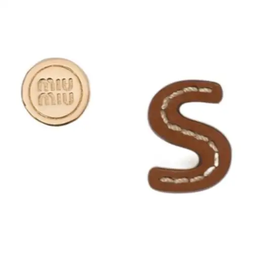 MIU MIU Letter Pattern Leather Stud Earrings Unisex Cognac