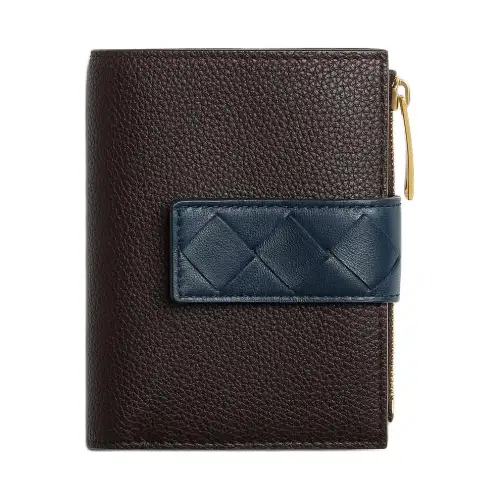 Bottega Veneta Calfskin Wallet Small Women's Dark Brown & Blue