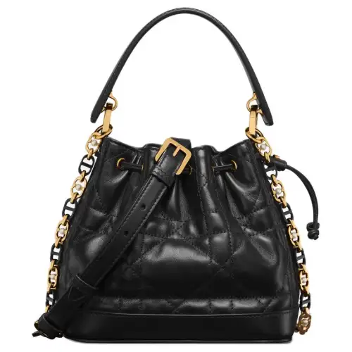 DIOR Wicker Pattern, Calfskin Bucket Bag, Shoulder Bag, Crossbody Bag, Handbag Small Women's Black