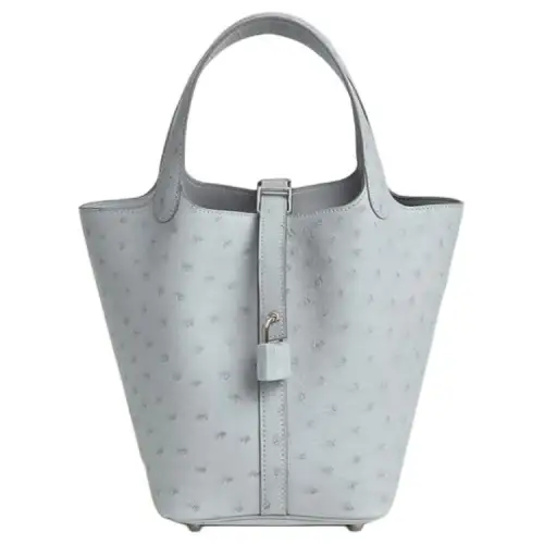 HERMES Picotin Lock Ostrich Leather Basket Bag, Bucket Bag, Handbag 18 Women's 8U Bleu Glacier Blue