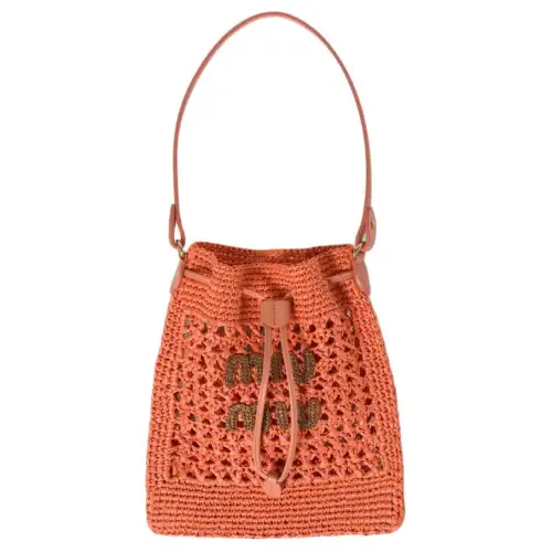 MIU MIU Woven Fabric With Leather Bucket Bag, One Shoulder Handbag Mini Women's Tulip With Cognac