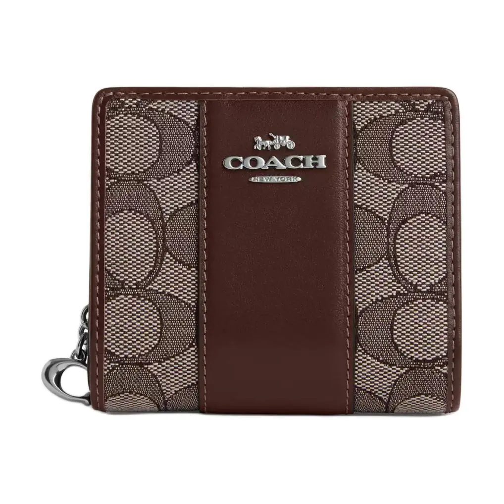 COACH Snap Wallet Iconic Jacquard With Refined Calfskin Wallet Women's Silver & Oak & Maple