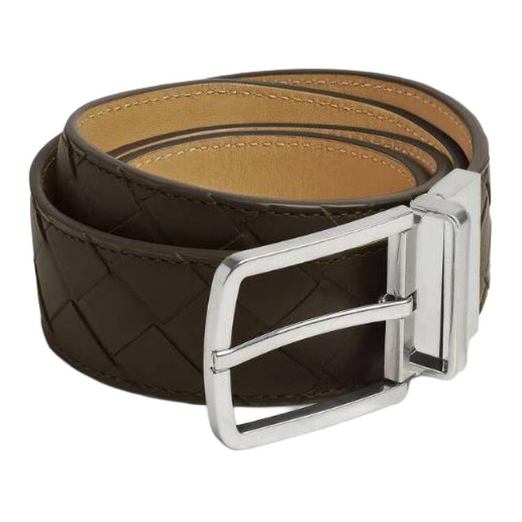 Bottega Veneta Double Sided Design Calfskin Leather Belts Men's Khaki/Dark Praline Width 3.5CM
