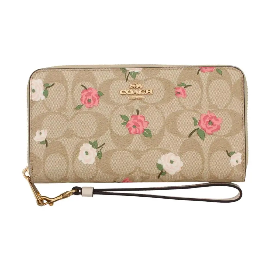 COACH Zip Around Coated Canvas With Calfskin Wallet Regular Women's Gold & Light Khaki & Chalk Multicolor