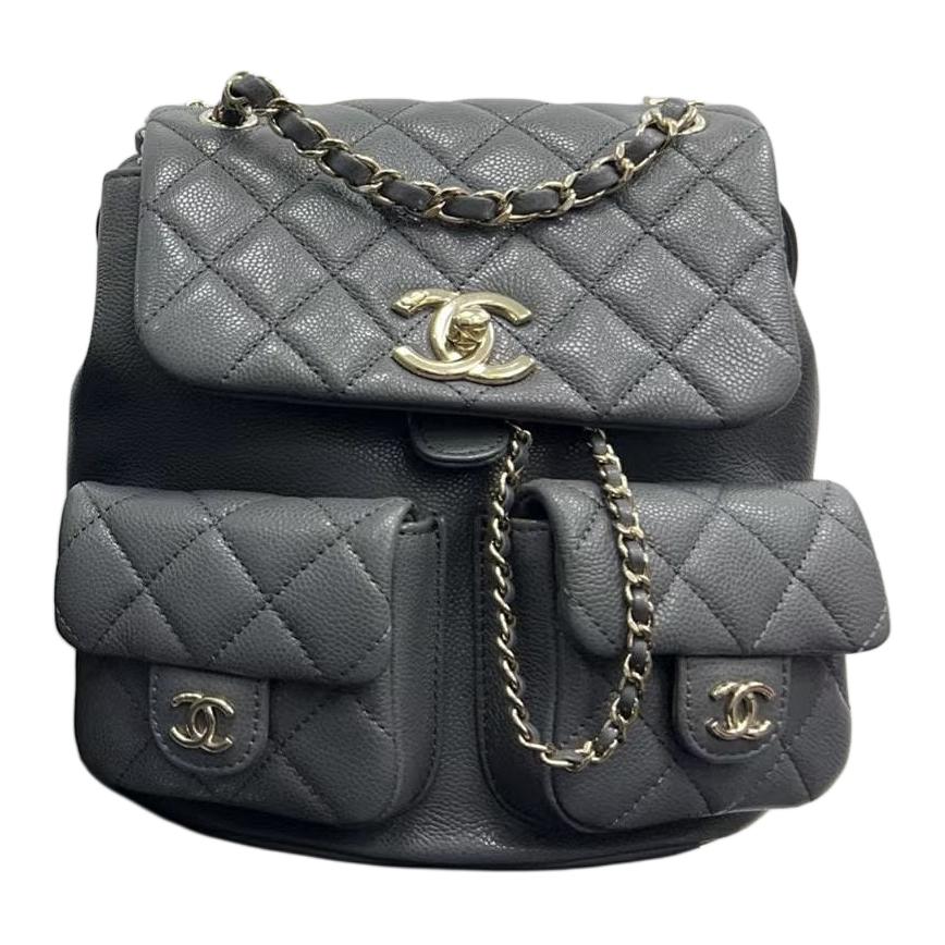 CHANEL Duma Litchi Grain Calfskin Backpack Women's Gray
