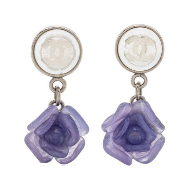 Chanel 2001 Cc Silver Plated Resin Camellia Drop Push Back Earrings costume earrings
