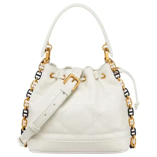 DIOR Jolie Wicker Pattern, Calfskin Bucket Bag, Shoulder Bag, Crossbody Bag, Handbag Small Women's White