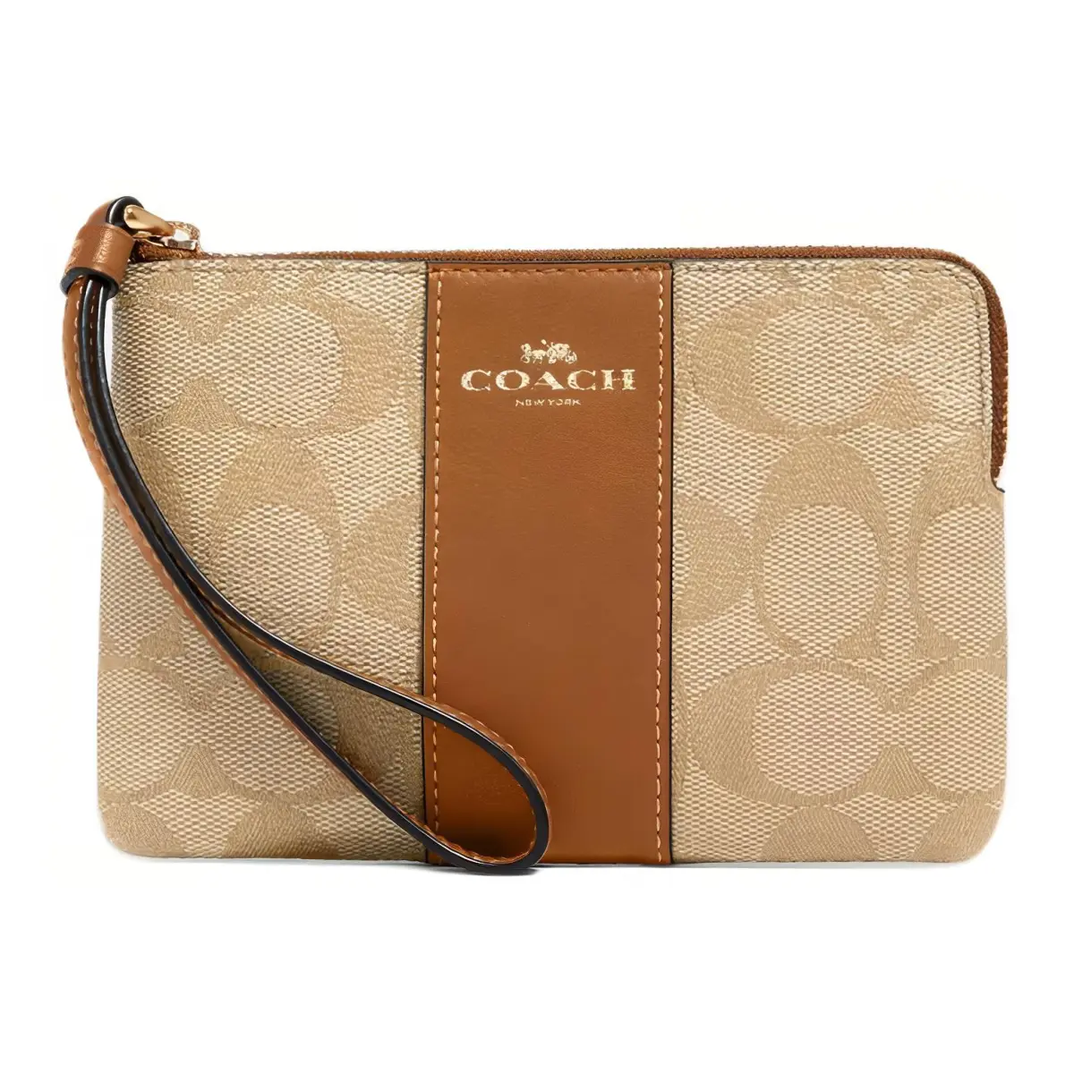 COACH Corner Zip Coated Canvas With Recycled Leather Clutches Small Women's Gold & Khaki & Light Saddle