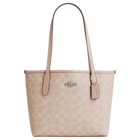 COACH City 23 классический пресбиопический металлический логотип с покрытием из холста и кожи Большая сумка Большая сумка для покупок Сумка на плечо среднего размера женская серебристо-песочного цвета