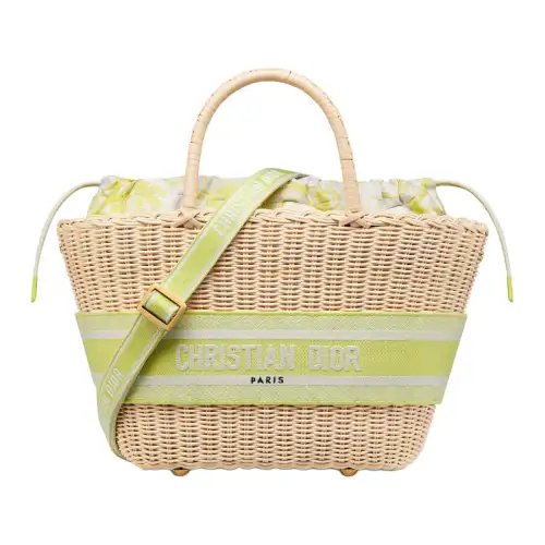 DIOR Toile De Jouy Jacquard Fabric Wicker Handbag, Shoulder Bag, Crossbody Bag Women's Natural & Lemon