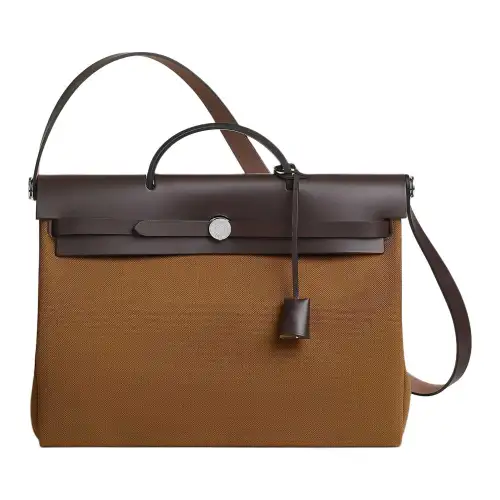 HERMES Herbag Messenger Canvas With Hunter Cow Leather Handbag Women's Chestnut & Ebony
