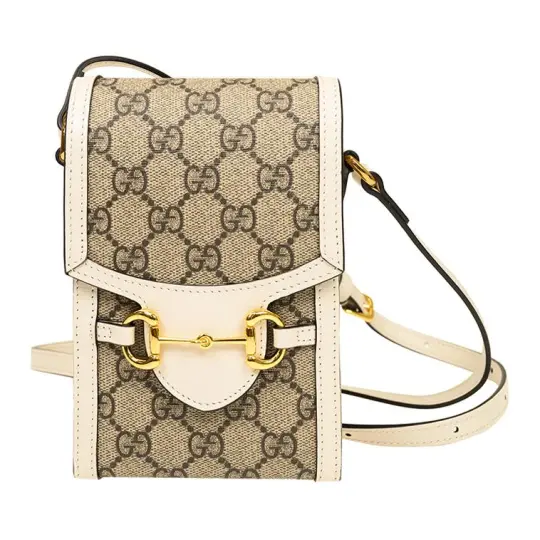 GUCCI Horsebit 1955 Logo Canvas Mini Phone Bag Box Shoulder Bag Beige