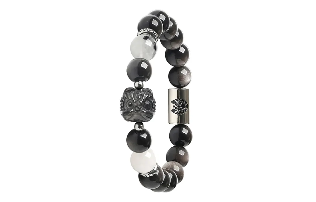 Rastaclat Silver Sheen Obsidian Small Lion Chinese Style Beaded Bracelet Unisex Black