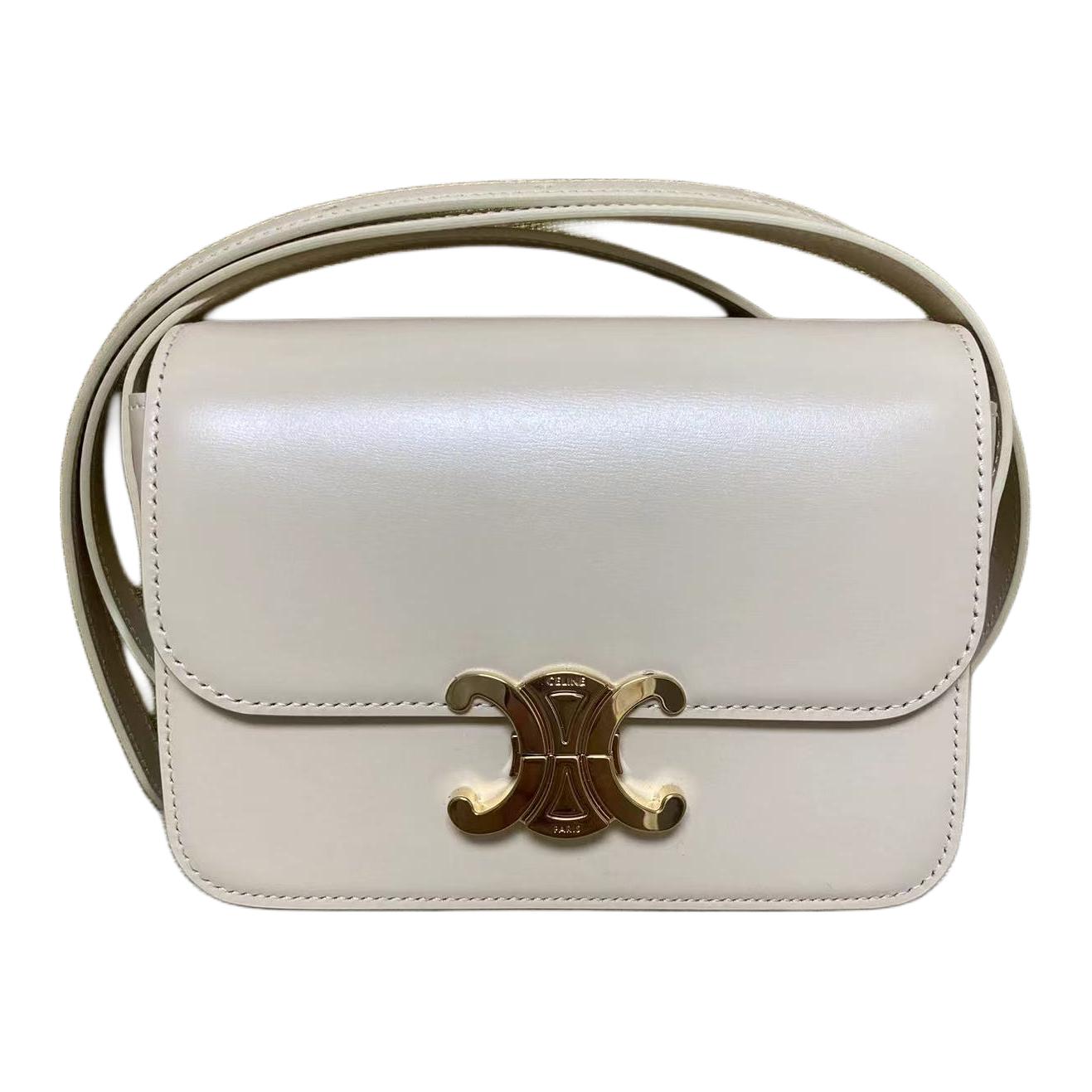 CELINE Triomphe Bright Calfskin Shoulder Bag, Crossbody Bag Extra Mini Women's Ivory White