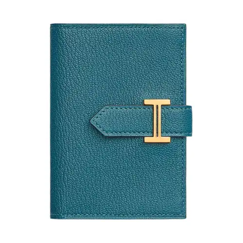 HERMES Bearn Gold tone Lock Mysore Goat Skin Card Holder Women's D2 NEW BLEU JEAN New Denim Blue