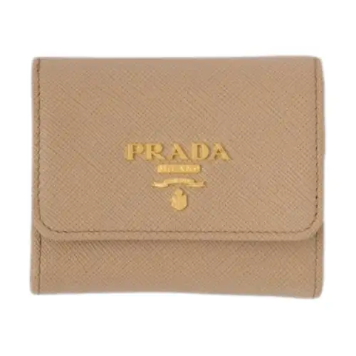 PRADA Saffiano Leather Wallet Mini Women's Sand & Blue