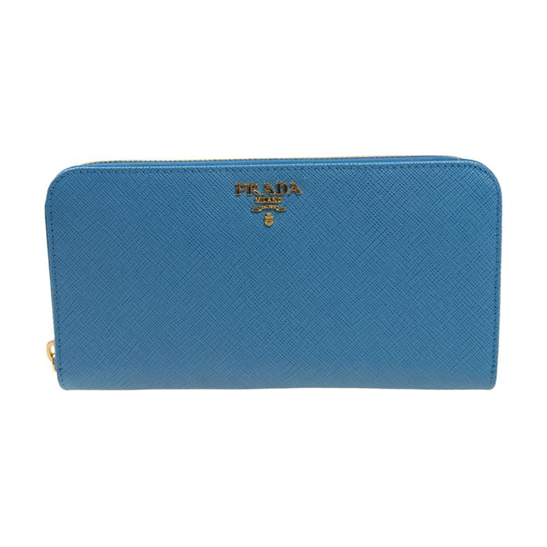 PRADA Saffiano Calfskin Wallet Women's Light Blue