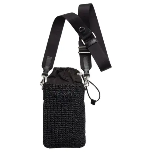 PRADA Raffia One Shoulder Crossbody Cell Phone Pouch Men's Black