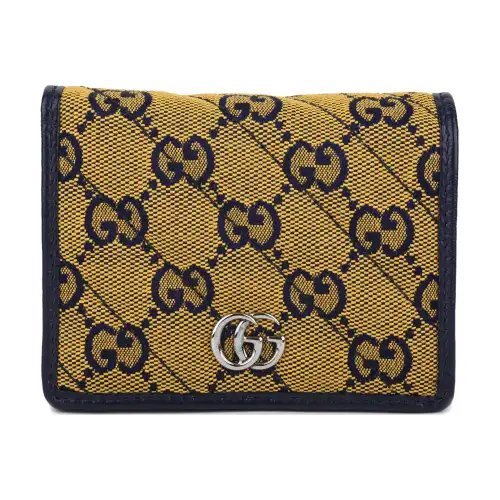 GUCCI Marmont Canvas With Leather Wallet Women's Marine Blue & Yellow