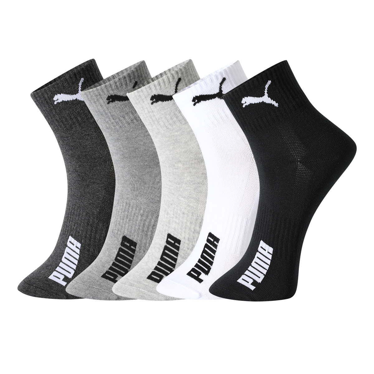 PUMA Puma solid color simple letter logo casual sports breathable mid-calf socks for men, 5 pairs, black/dark gray/medium gray/light gray/white