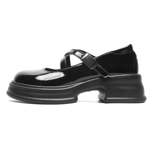 Warrior Warrior French Thick Sole Sweet Round Toe Small Leather Shoes Casual Shoes Mary Jane Shoes Thick Heel Women's Black