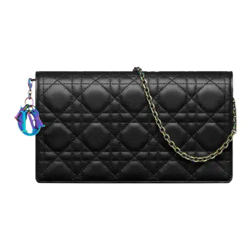 DIOR Sheepskin Wicker Pattern Zippers & Card Holder & Zip Pocket Clutch Women's Black