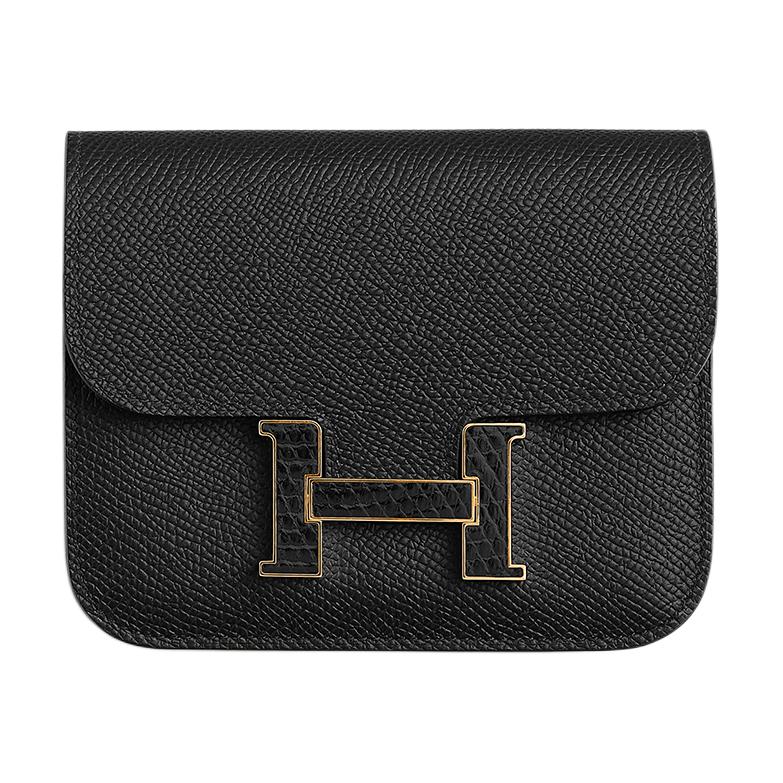 HERMES Constance Slim Enamel Buckle Epsom Calfskin Polished Nile Lizard Skin Wallet Women's 89 Noir Black
