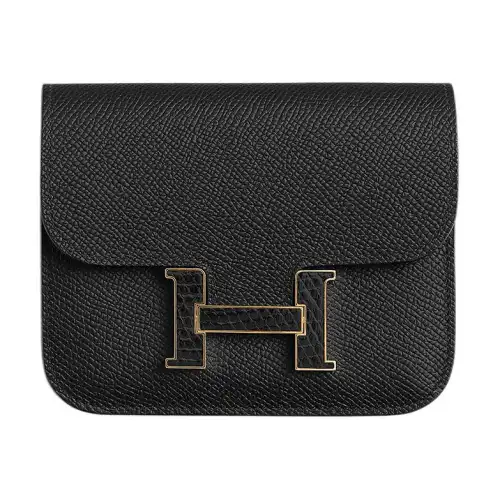 HERMES Constance Slim Enamel Buckle Epsom Calfskin Polished Nile Lizard Skin Wallet Women's 89 Noir Black